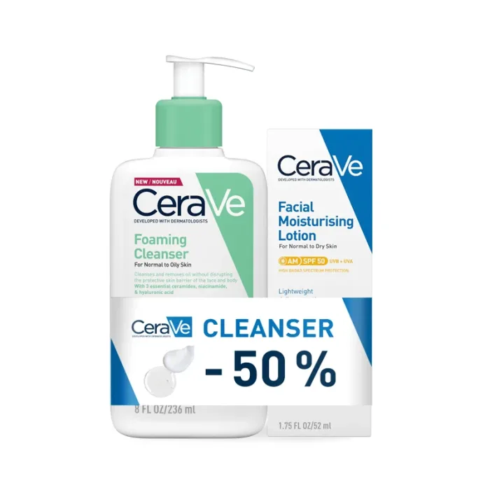 CeraVe Pjenušavi gel za čišćenje za normalnu do masnu kožu, 236 ml + CeraVe Hidratantna njega za lice za normalnu do suhu kožu SPF50, 52 ml