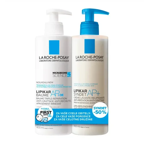 La Roche-Posay LIPIKAR rutina za njegu suhe i osjetljive kože, prikladno za cijelu porodicu (LIPIKAR BAUME AP+M Balzam 400 ml + LIPIKAR SYNDET AP+ Kremasti gel za pranje, 400 ml)