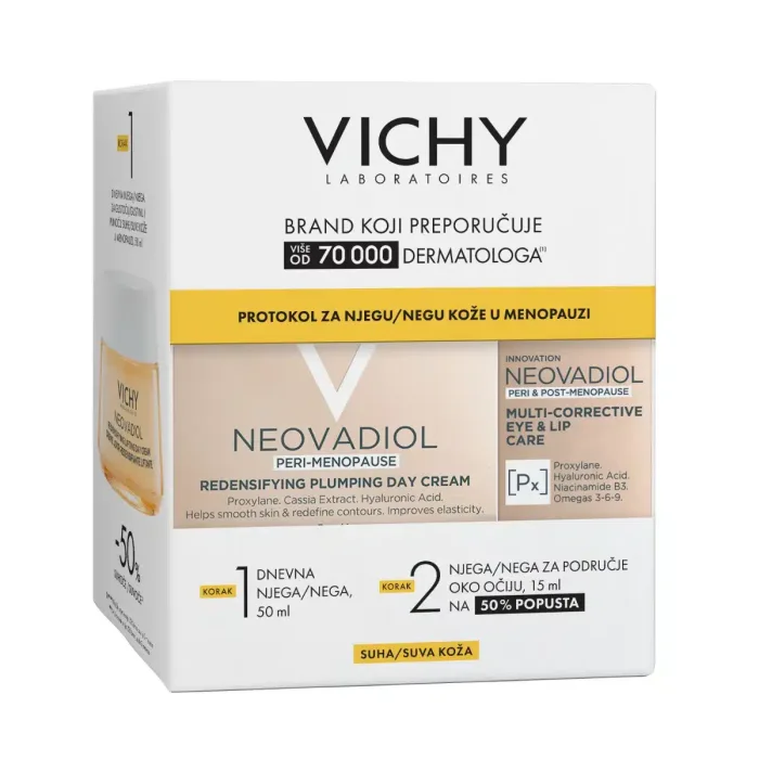 VICHY NEOVADIOL Protokol za njegu kože u menopauzi za suhu kožu (Dnevna njega za gustoću i punoću kože u menopauzi, suha koža, 50 ml + Multikorektivna njega za kožu u menopauzi i postmenopauzi za područje oko očiju i usana, 15 ml)