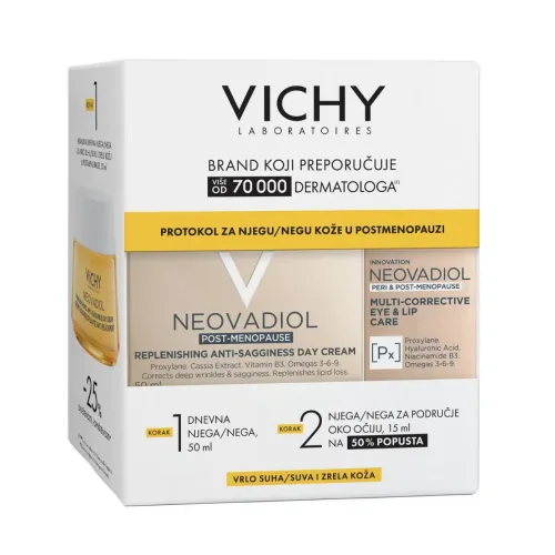 VICHY NEOVADIOL Protokol za njegu kože u postmenopauzi za vrlo suhu kožu (Hranjiva dnevna njega za čvrstoću kože u postmenopauzi, 50 ml + Multikorektivna njega za područje oko očiju i usana, 15 ml)