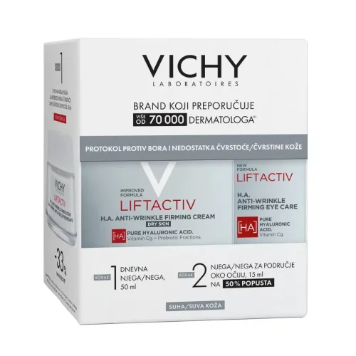 VICHY LIFTACTIV Protokol protiv bora i nedostatka čvrstine suve kože (Dnevna njega, suva koža, 50 ml + Njega za učvršćivanje područja oko očiju protiv bora sa hijaluronskom kiselinom, 15 ml)