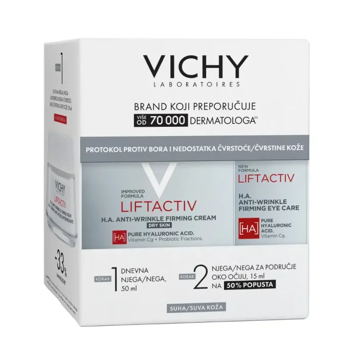 VICHY LIFTACTIV Protokol protiv bora i nedostatka čvrstine suve kože (Dnevna njega, suva koža, 50 ml + Njega za učvršćivanje područja oko očiju protiv bora sa hijaluronskom kiselinom, 15 ml)